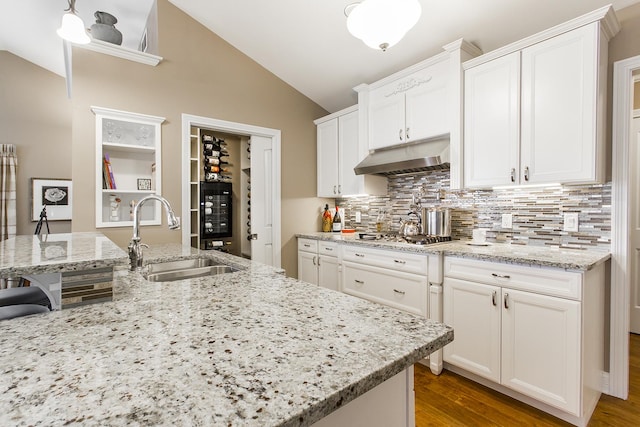 2164 Waterbury Ln W Unit 2164, Sycamore, IL 60178 - kitchen featuring a sink, under cabinet range hood, lofted ceiling, backsplash, and dark wood-style flooring