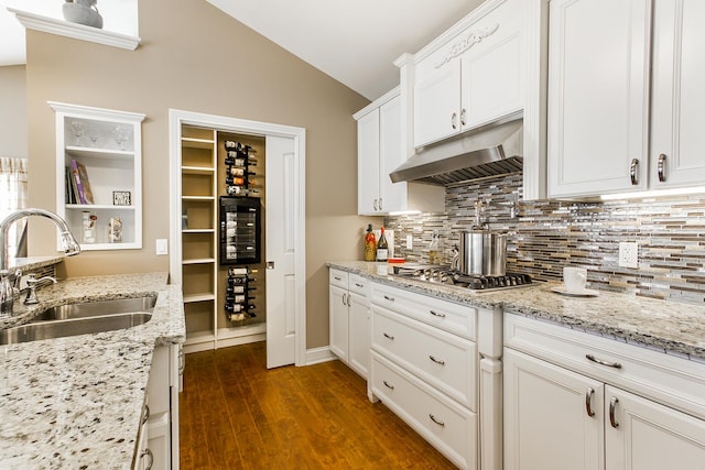 2164 Waterbury Ln W Unit 2164, Sycamore, IL 60178 - kitchen featuring a sink, under cabinet range hood, vaulted ceiling, tasteful backsplash, and white cabinetry