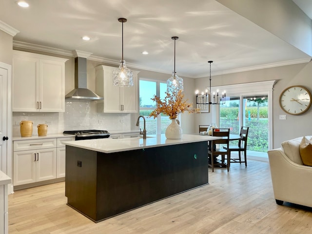 LOTT315929 Prairie View Ct, New Lenox, IL 60451 - kitchen with wall chimney exhaust hood, a sink, light countertops, stove, and crown molding
