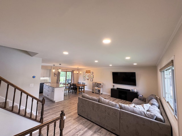 1487 Kathleen Way, Elk Grove Village, IL 60007 - living room with ornamental molding, recessed lighting, a chandelier, light wood-style flooring, and stairway
