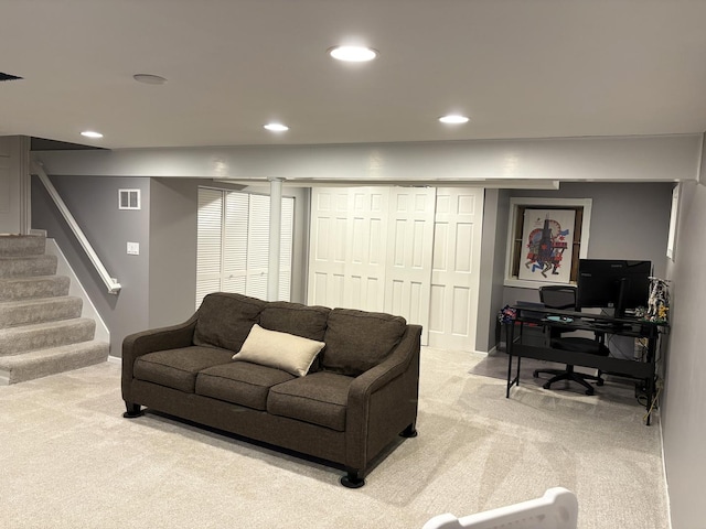 1487 Kathleen Way, Elk Grove Village, IL 60007 - living area with light carpet, recessed lighting, and stairway