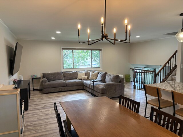 1487 Kathleen Way, Elk Grove Village, IL 60007 - living area featuring a chandelier, light wood-type flooring, crown molding, recessed lighting, and stairway