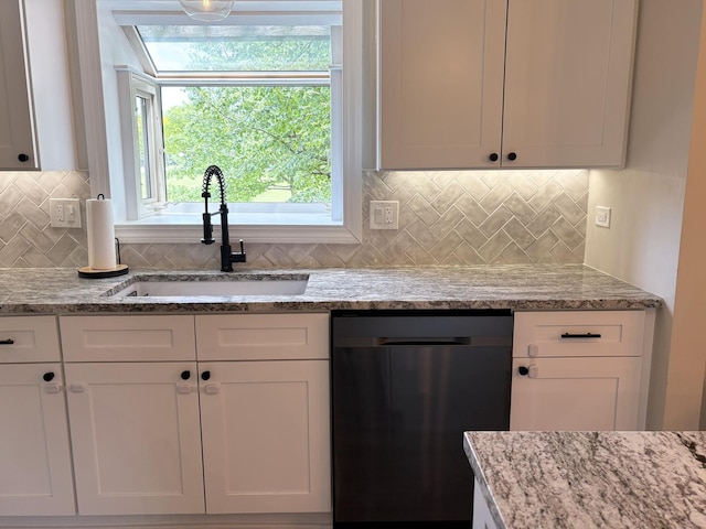 1487 Kathleen Way, Elk Grove Village, IL 60007 - kitchen with dishwasher, white cabinetry, tasteful backsplash, and light stone countertops