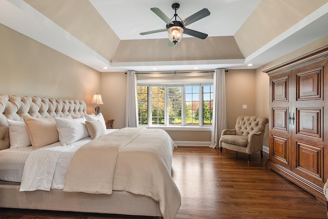 12000 W Donegal Ln, New Lenox, IL 60451 - bedroom with dark wood-type flooring, a raised ceiling, lofted ceiling, a ceiling fan, and recessed lighting