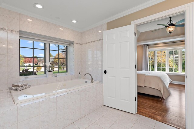 12000 W Donegal Ln, New Lenox, IL 60451 - ensuite bathroom featuring tile patterned floors, ornamental molding, a bath, ceiling fan, and recessed lighting