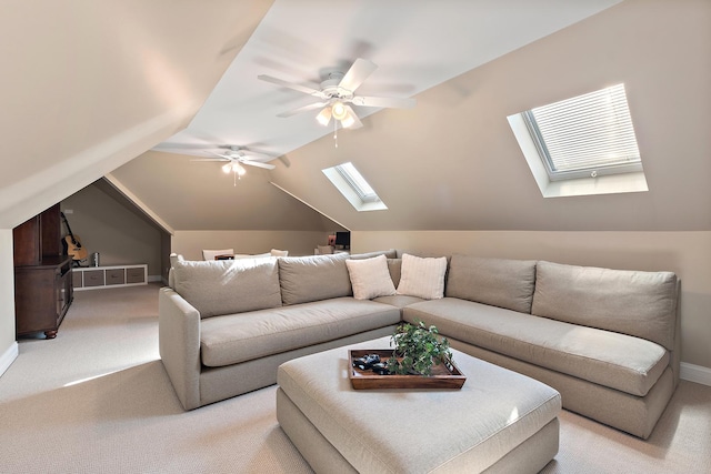 12000 W Donegal Ln, New Lenox, IL 60451 - living room with a skylight, light colored carpet, ceiling fan, and lofted ceiling