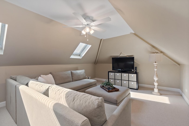 12000 W Donegal Ln, New Lenox, IL 60451 - living area featuring a skylight, carpet, vaulted ceiling, and a ceiling fan