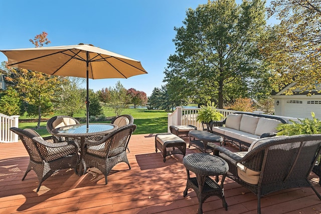 12000 W Donegal Ln, New Lenox, IL 60451 - wooden deck featuring an outdoor living space, a lawn, and outdoor dining space