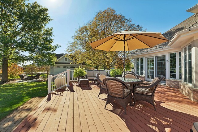 12000 W Donegal Ln, New Lenox, IL 60451 - wooden deck with an outdoor hangout area, a lawn, and outdoor dining space