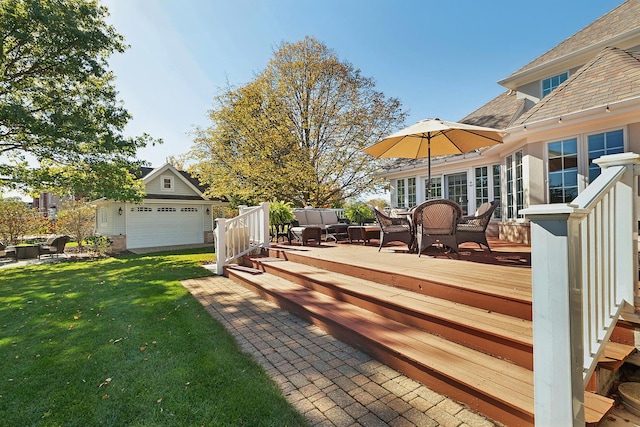 12000 W Donegal Ln, New Lenox, IL 60451 - wooden deck featuring a yard, an outdoor structure, and a detached garage
