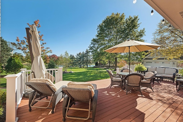 12000 W Donegal Ln, New Lenox, IL 60451 - wooden deck featuring a yard, an outdoor hangout area, and outdoor dining area