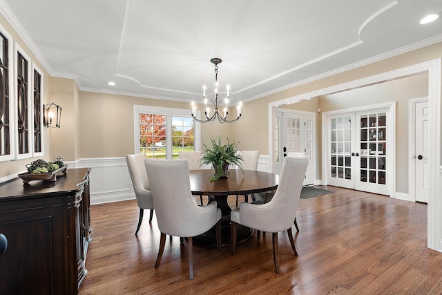 12000 W Donegal Ln, New Lenox, IL 60451 - dining room featuring a chandelier, french doors, wood finished floors, ornamental molding, and recessed lighting