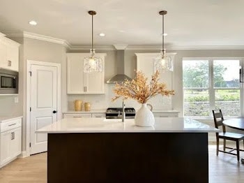 15959 Prairie View Ct Unit T6, New Lenox, IL 60451 - kitchen featuring wall chimney range hood, appliances with stainless steel finishes, ornamental molding, light countertops, and light wood-style floors