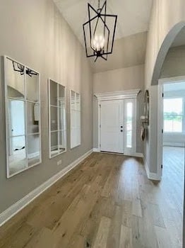 15959 Prairie View Ct Unit T6, New Lenox, IL 60451 - entryway featuring arched walkways, a chandelier, wood finished floors, baseboards, and a towering ceiling