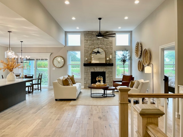 15959 Prairie View Ct Unit T6, New Lenox, IL 60451 - living area with ceiling fan, plenty of natural light, light wood finished floors, a stone fireplace, and recessed lighting