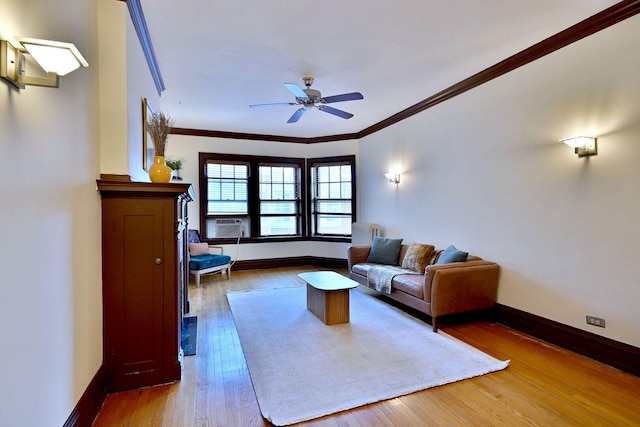 226 N Oak Park Ave Unit 3N, Oak Park, IL 60302 - living room with wood-type flooring, ornamental molding, ceiling fan, baseboards, and cooling unit