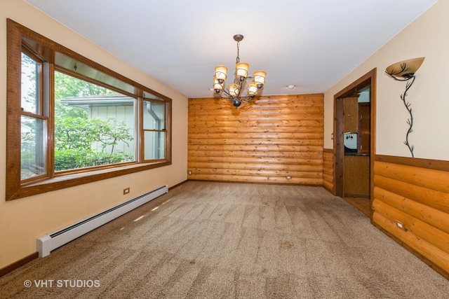 8747 Merrimac Ave, Oak Lawn, IL 60453 - spare room with rustic walls, a baseboard radiator, a chandelier, and carpet