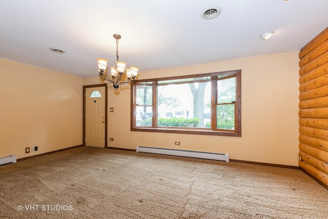 8747 Merrimac Ave, Oak Lawn, IL 60453 - unfurnished room with baseboard heating, a chandelier, rustic walls, carpet floors, and baseboards