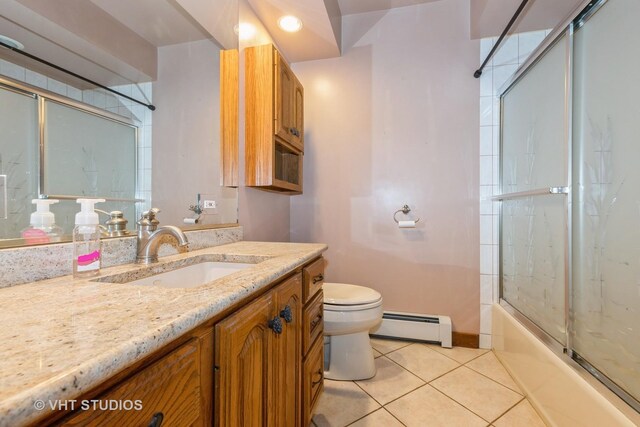 8747 Merrimac Ave, Oak Lawn, IL 60453 - bathroom featuring a baseboard heating unit, tile patterned flooring, vanity, toilet, and enclosed tub / shower combo