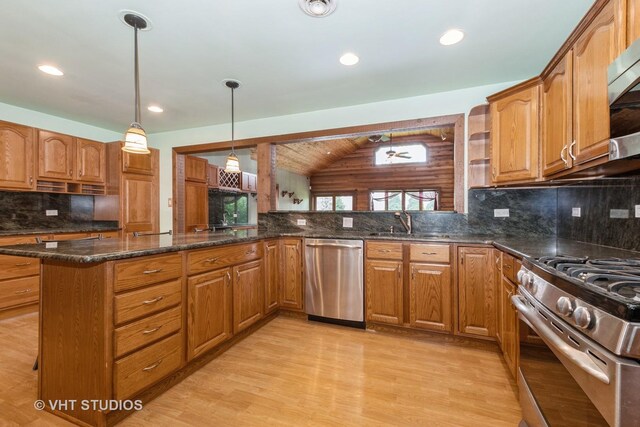 8747 Merrimac Ave, Oak Lawn, IL 60453 - kitchen featuring stainless steel appliances, decorative backsplash, brown cabinets, light wood finished floors, and recessed lighting