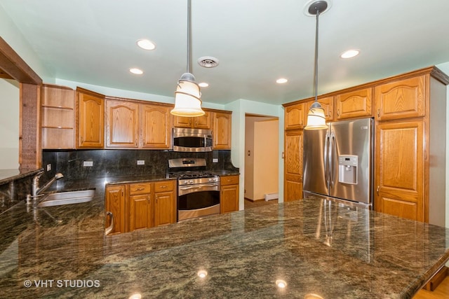 8747 Merrimac Ave, Oak Lawn, IL 60453 - kitchen featuring appliances with stainless steel finishes, open shelves, a sink, a peninsula, and tasteful backsplash