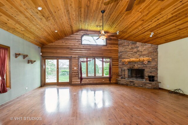 8747 Merrimac Ave, Oak Lawn, IL 60453 - unfurnished living room with ceiling fan, high vaulted ceiling, wooden ceiling, wood finished floors, and a stone fireplace