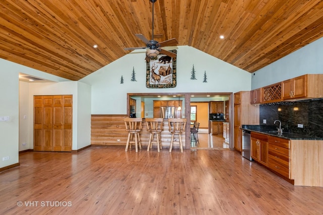 8747 Merrimac Ave, Oak Lawn, IL 60453 - kitchen with wooden ceiling, a sink, stainless steel appliances, brown cabinetry, and light wood finished floors