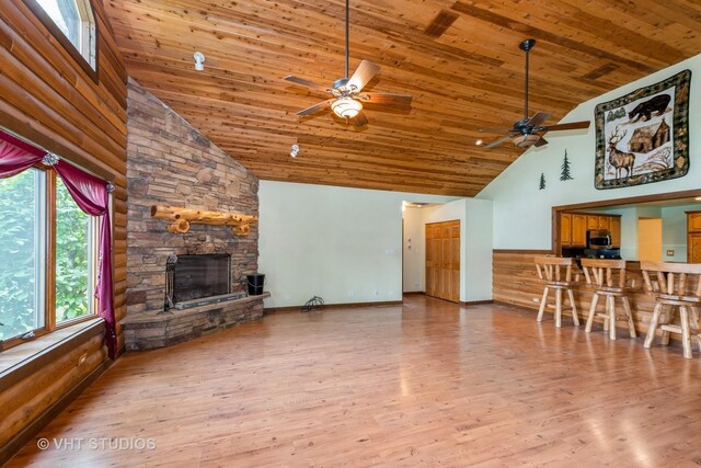 8747 Merrimac Ave, Oak Lawn, IL 60453 - living room with high vaulted ceiling, a ceiling fan, wood finished floors, a fireplace, and wooden ceiling
