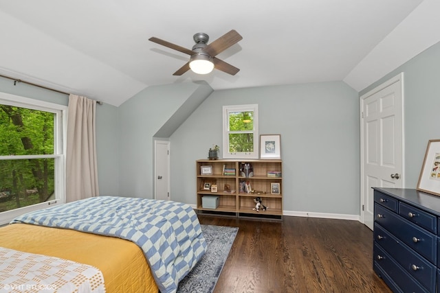 21298 N Andover Rd, Kildeer, IL 60047 - bedroom with vaulted ceiling, multiple windows, dark wood-style floors, baseboards, and ceiling fan