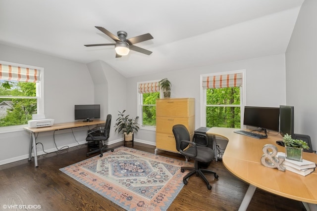 21298 N Andover Rd, Kildeer, IL 60047 - office area featuring wood finished floors, ceiling fan, baseboards, and vaulted ceiling
