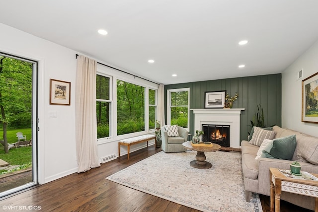 21298 N Andover Rd, Kildeer, IL 60047 - living area featuring a warm lit fireplace, dark wood finished floors, recessed lighting, and baseboards