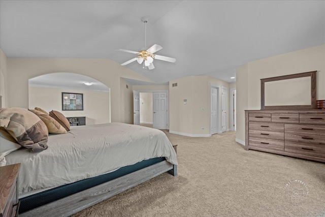 36W703 Whispering Trl, Saint Charles, IL 60175 - bedroom with light carpet, arched walkways, lofted ceiling, baseboards, and a ceiling fan
