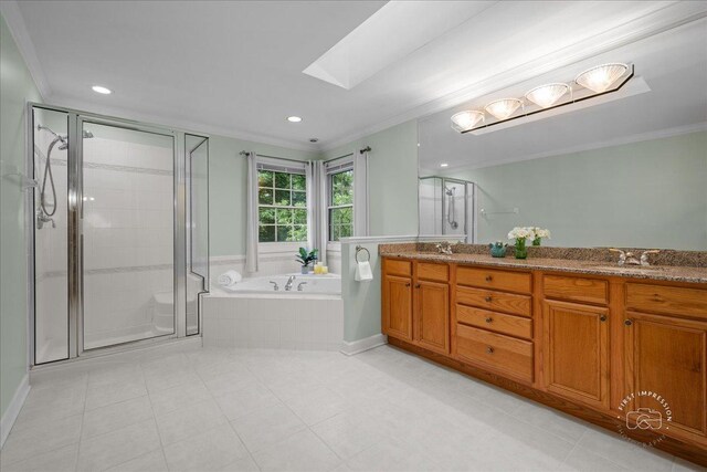 36W703 Whispering Trl, Saint Charles, IL 60175 - full bath featuring a skylight, crown molding, a garden tub, double vanity, and a shower stall