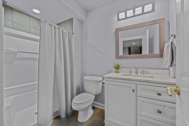 36W703 Whispering Trl, Saint Charles, IL 60175 - bathroom with toilet, vanity, a shower with shower curtain, and baseboards