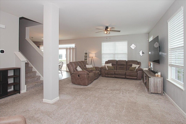 1901 Taos Ln, Volo, IL 60020 - carpeted living area featuring ceiling fan and stairs