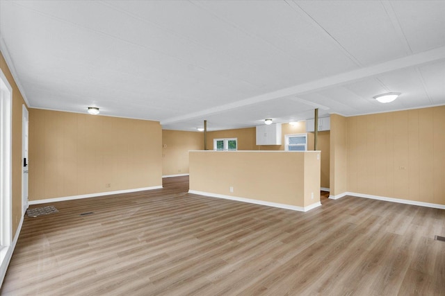 116 Seminole Ln, Loda, IL 60948 - unfurnished living room with light wood-style floors, baseboards, and wooden walls