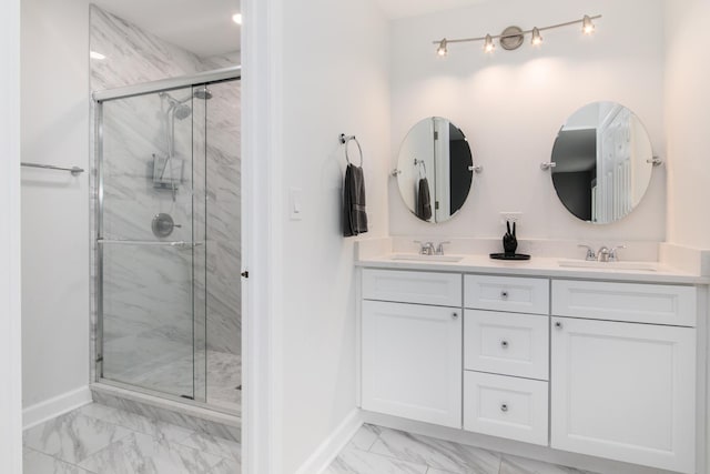 133 W King George Ct, Palatine, IL 60067 - full bathroom featuring marble finish floors, baseboards, double vanity, and a shower stall