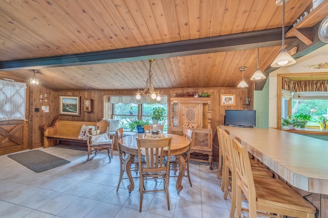 365 S Elm St, Itasca, IL 60143 - dining room with wooden walls, tile patterned flooring, wooden ceiling with exposed beams, and a chandelier