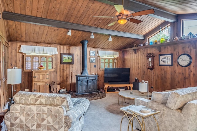 365 S Elm St, Itasca, IL 60143 - living room featuring a wood stove, a ceiling fan, carpet, wood ceiling, and wooden walls