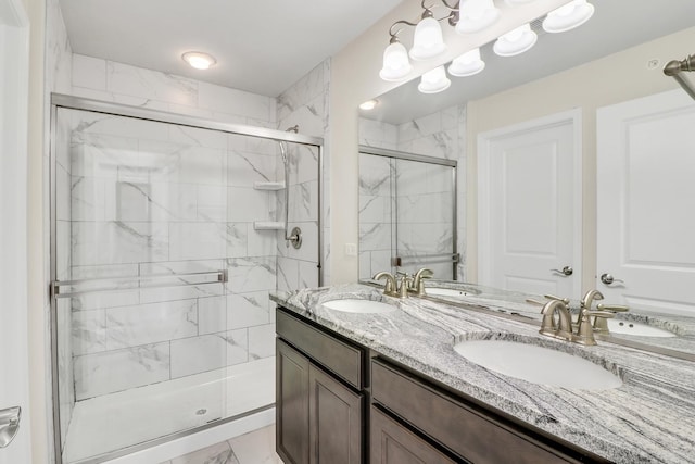 415 Highcroft Way, Lincolnshire, IL 60069 - bathroom with marble look tiles, a marble finish shower, and double vanity