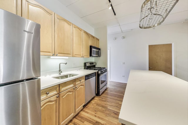 1430 S Michigan Ave Unit 311, Chicago, IL 60605 - kitchen featuring stainless steel appliances, rail lighting, light wood-style floors, light countertops, and light brown cabinets