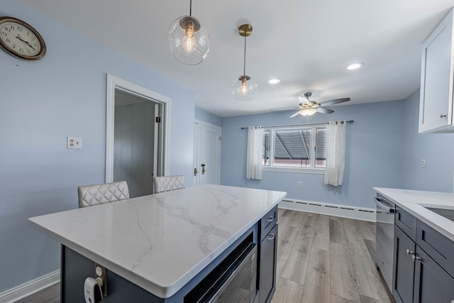 2535 Oak Park Ave, Berwyn, IL 60402 - kitchen with a baseboard radiator, stainless steel appliances, light wood-style flooring, pendant lighting, and recessed lighting