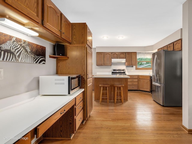824 Dawes Ave, Wheaton, IL 60189 - kitchen with freestanding refrigerator, stove, light wood finished floors, light countertops, and open shelves