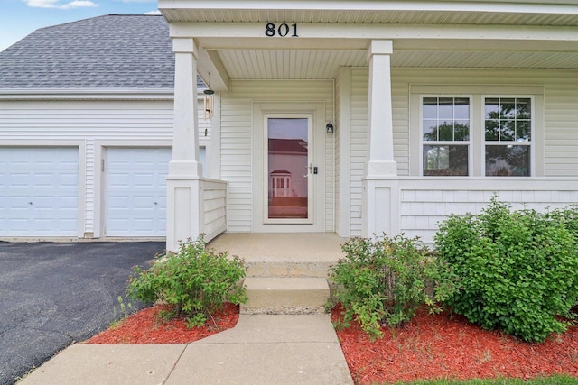 801 S Parkside Dr, Round Lake, IL 60073 - property entrance with a shingled roof, asphalt driveway, an attached garage, and a porch