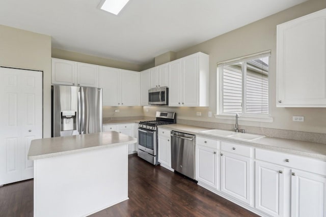 801 S Parkside Dr, Round Lake, IL 60073 - kitchen with appliances with stainless steel finishes, a sink, dark wood finished floors, and white cabinetry
