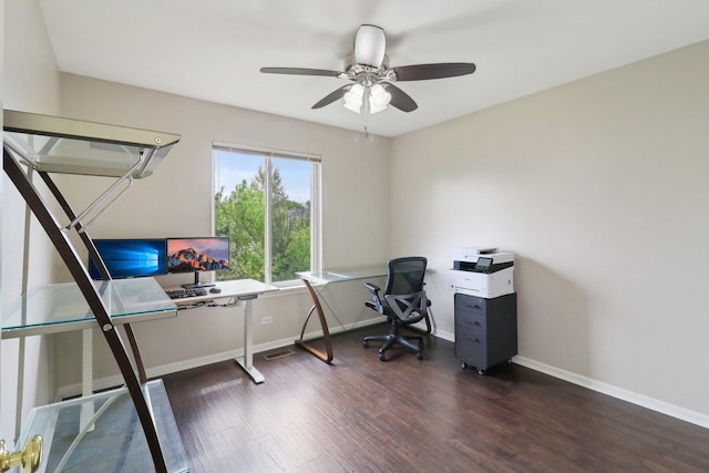801 S Parkside Dr, Round Lake, IL 60073 - home office with wood finished floors, baseboards, and a ceiling fan