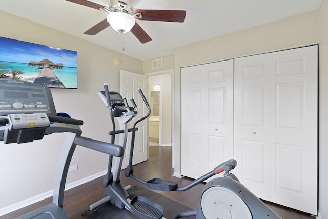 801 S Parkside Dr, Round Lake, IL 60073 - workout area featuring a ceiling fan, wood finished floors, and baseboards