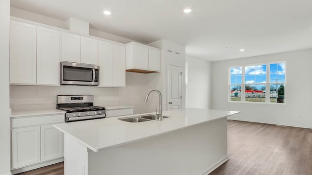 2156 Glacier St, Mundelein, IL 60060 - kitchen with stainless steel appliances, a sink, an island with sink, wood finished floors, and white cabinets