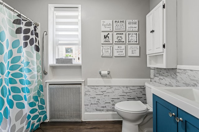 1104 W Church St, Champaign, IL 61821 - full bathroom featuring toilet, vanity, decorative backsplash, and wood finished floors