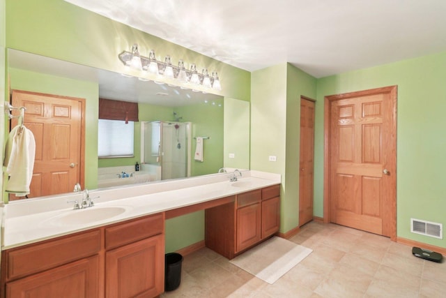 8610 Pebble Creek Ct, Wonder Lake, IL 60097 - bathroom featuring a stall shower, double vanity, baseboards, and a bath